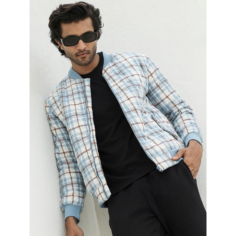 Campus Sutra Checked Cotton Mandarin Collar Windcheater Bomber Jacket
