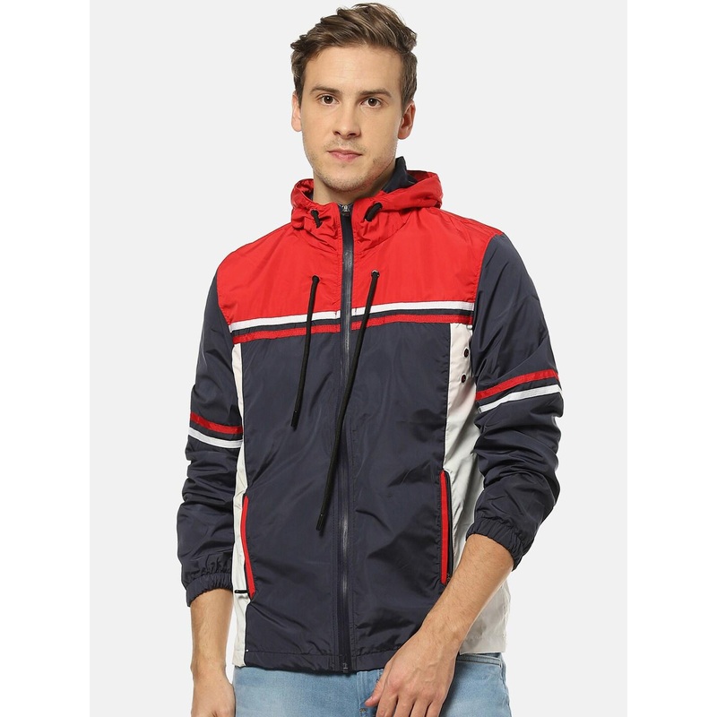 Campus Sutra Men Blue Colourblocked Windcheater Outdoor Bomber Jacket