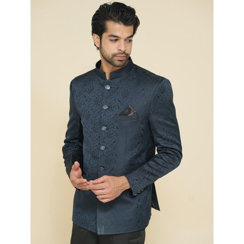 House of Pataudi Men Self-Design Pure Cotton Tailored-Fit Jodhpuri Blazer