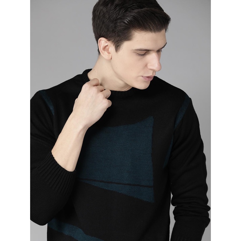 Roadster Men Black & Teal Blue Colourblocked Pullover