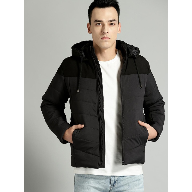 Roadster Men Charcoal Grey  Black Colourblocked Padded Jacket