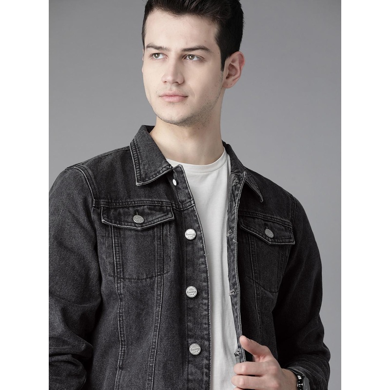 Roadster Men Charcoal Grey Washed Denim Jacket