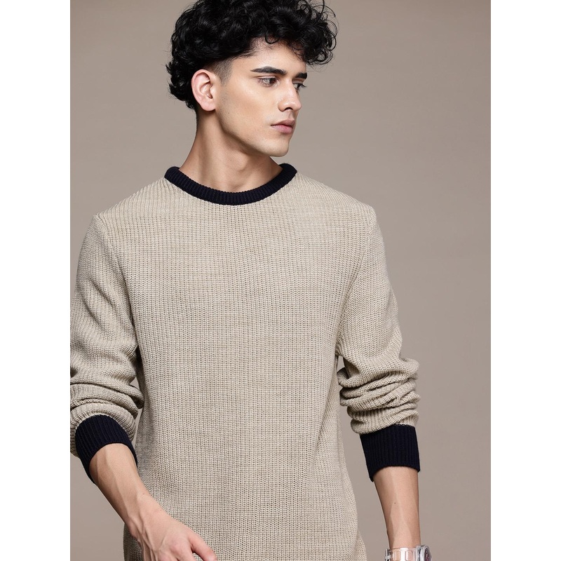 Roadster Men Contrast Ribs Acrylic Fisherman Knit Sweater