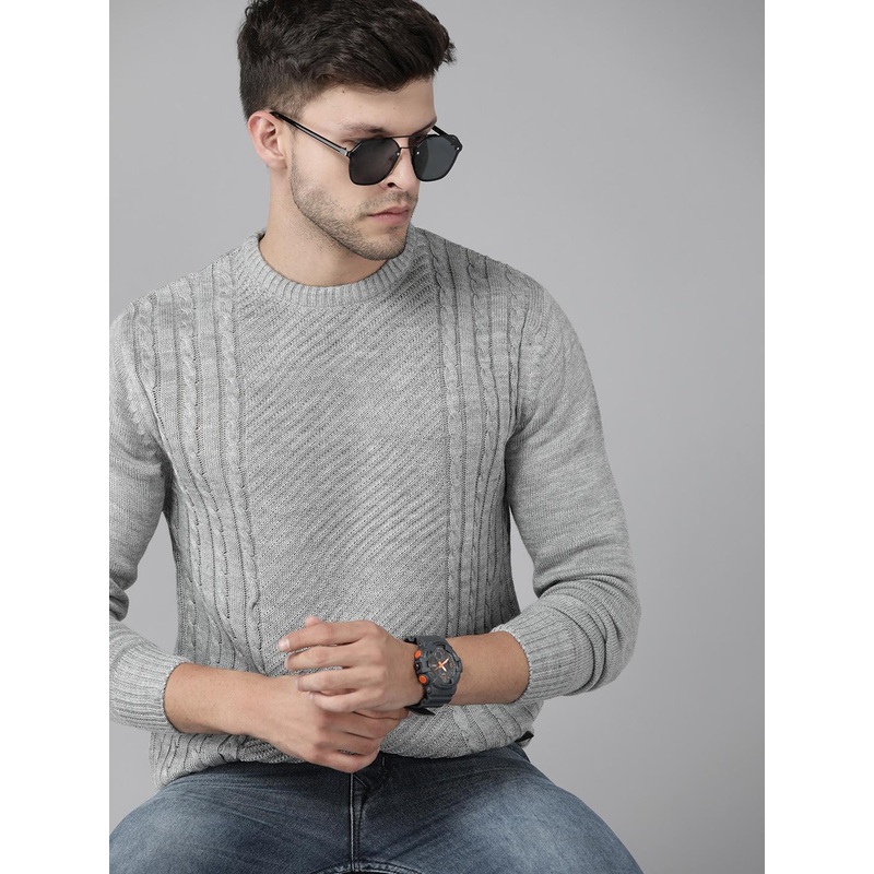 Roadster Men Grey Melange Self Design Pullover