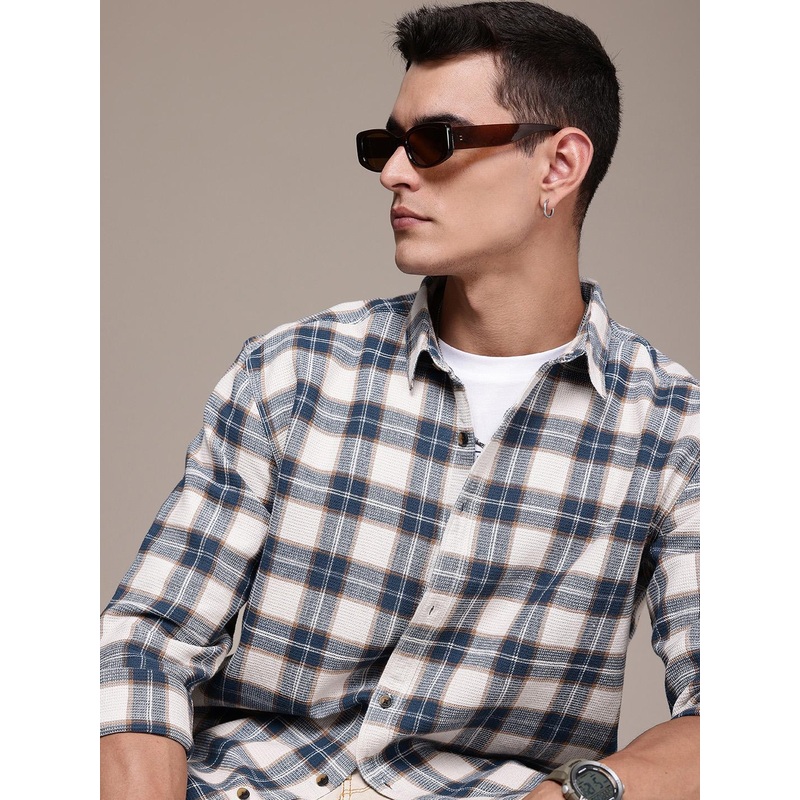 The Roadster Lifestyle Co. Textured Checked Pure Cotton Oversized Casual Shirt