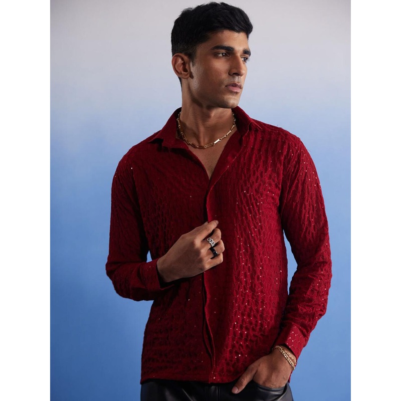 VASTRAMAY Men Georgette Sequence Semi Sheer Premium Shirt