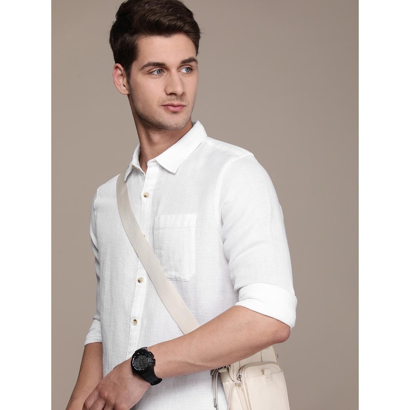 WROGN Cotton Linen Self Design Textured Slim Fit Opaque Casual Shirt