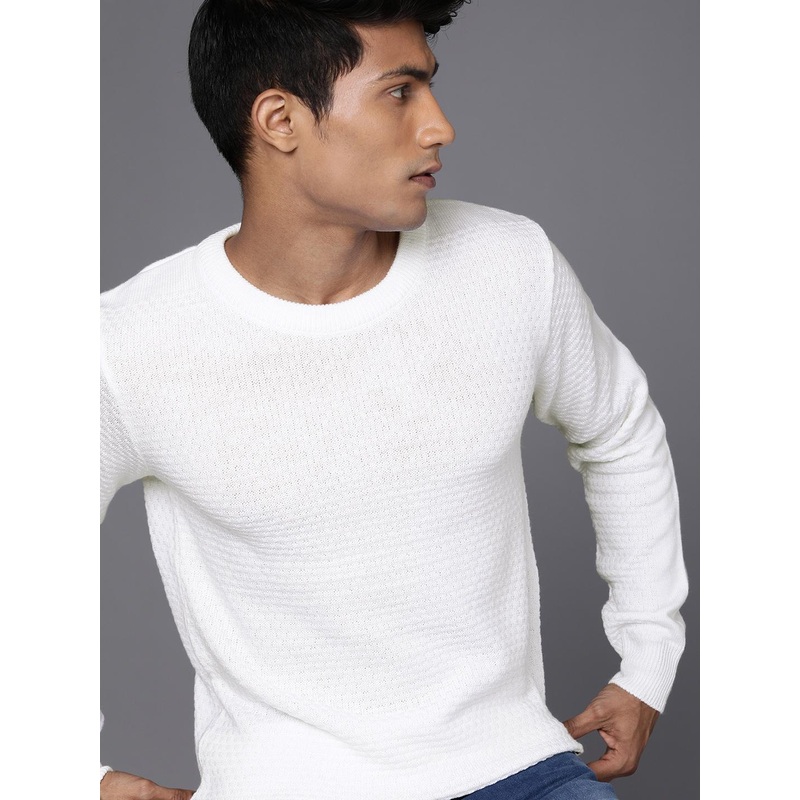 WROGN Men White Ribbed Round Neck Pullover Sweater
