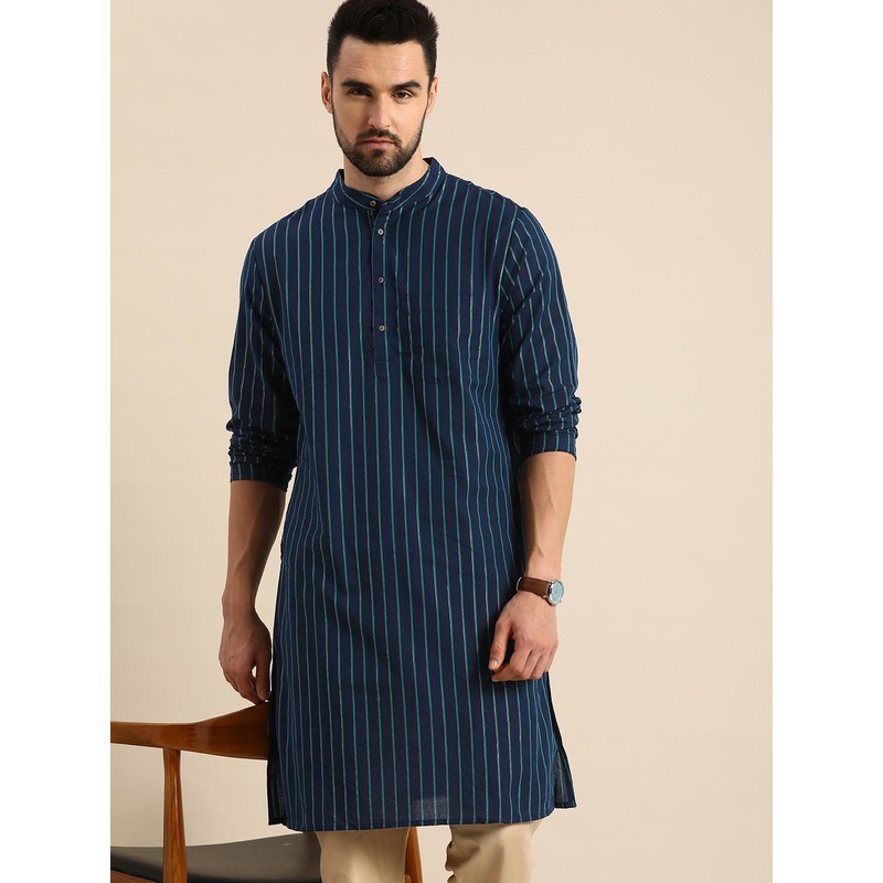 Anouk Men Navy Blue Striped Pure Cotton Kurta