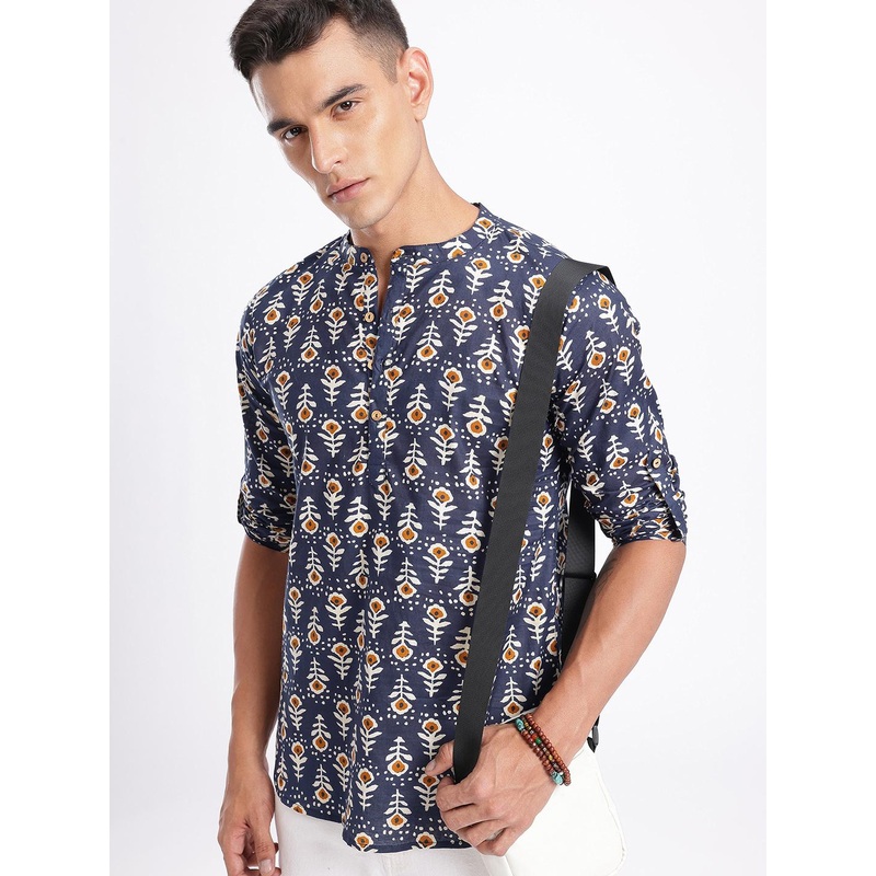 Anouk Rustic Band Collar Indie Floral Printed Roll-Up Sleeves Kurta