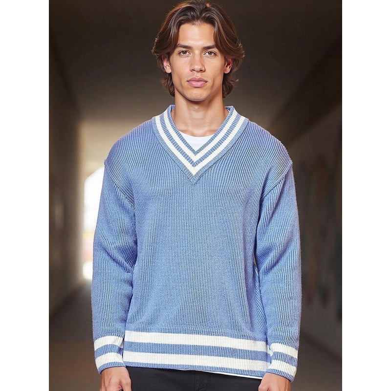 Bewakoof Ribbed V-Neck Flat Knit Acrylic Oversized Pullover