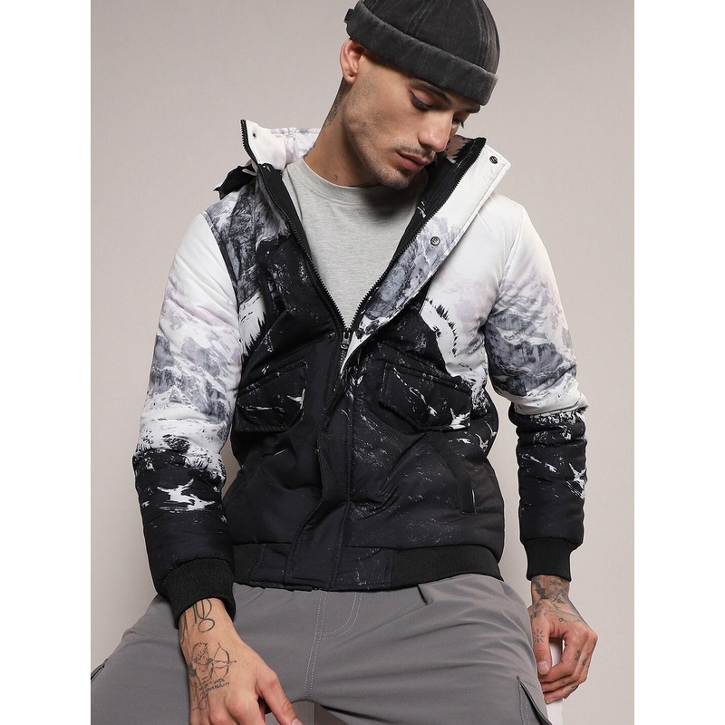 Campus Sutra Black & Grey Abstract Printed Windcheater Puffer Jacket