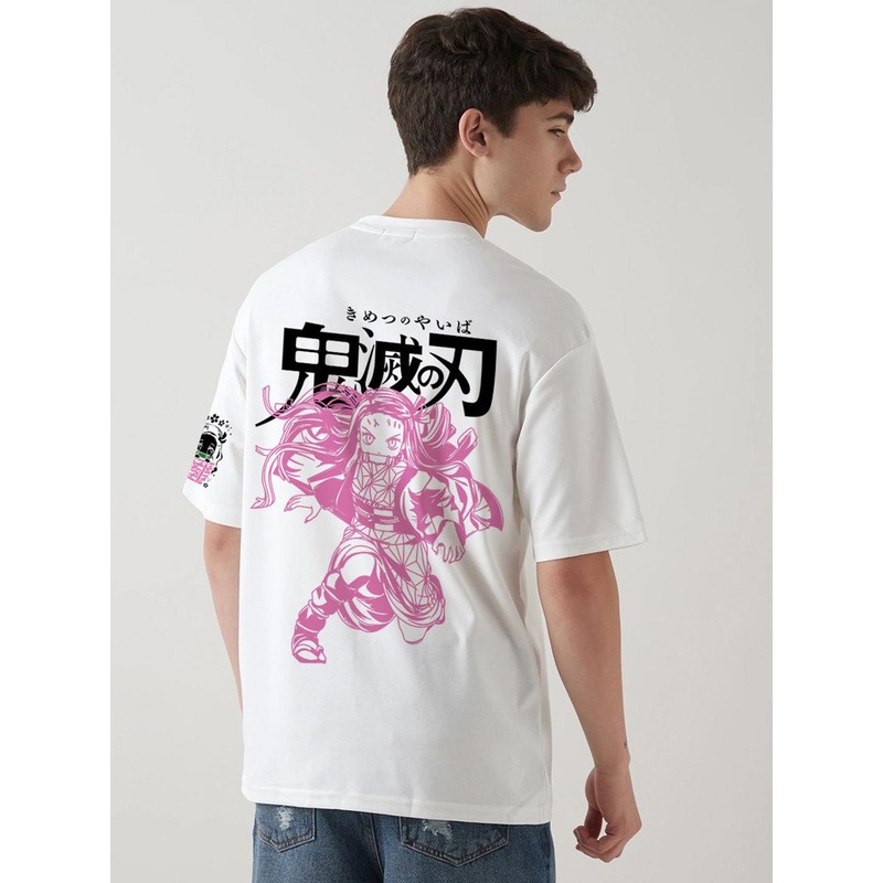 Crazymonk Men Demon Slayer Graphic Printed Round Neck Cotton Oversized T-shirt