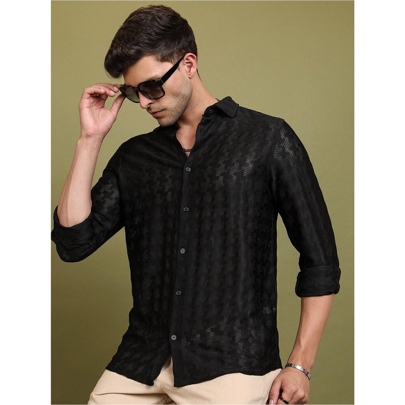 HIGHLANDER Black Textured Long Sleeves Oversized Casual Crochet Shirt