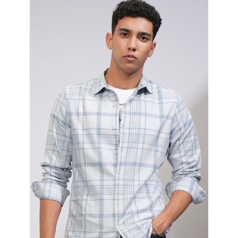 HIGHLANDER Men Comfort Slim Fit Spread Collar Tartan Checked Cotton Casual Shirt