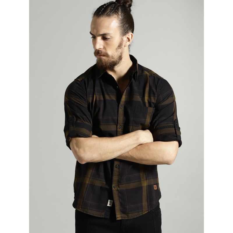 Roadster Men Black & Olive Brown Checked Pure Cotton Casual Shirt