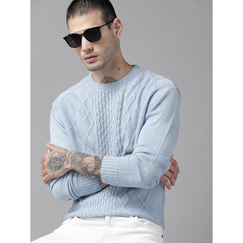 Roadster Men Blue Acrylic Cable Knit Pullover