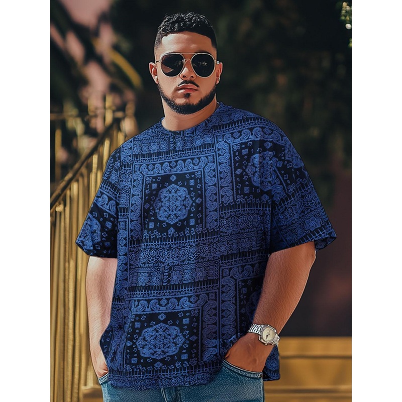 VEIRDO Men Plus Size Paisley Printed Round Neck Pure Cotton Oversized T-shirt