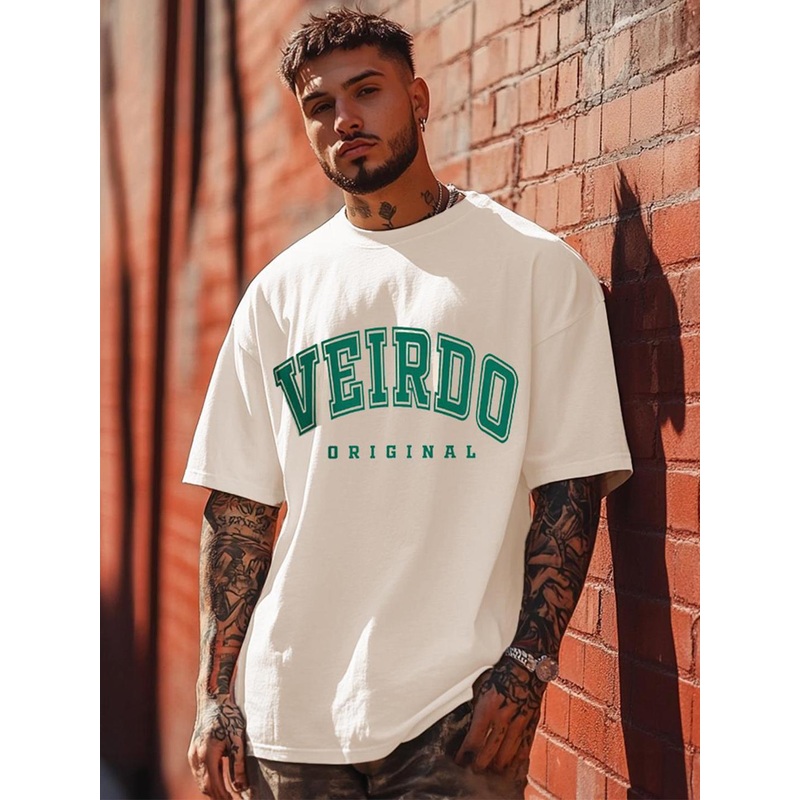VEIRDO Men Swanwhite Typography Printed Round Neck Pure Cotton Oversized T-shirt