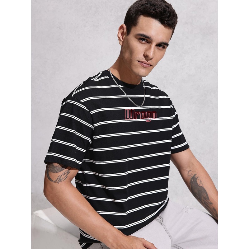 WROGN Striped Drop-Shoulder Sleeves Pure Cotton Oversized T-shirt