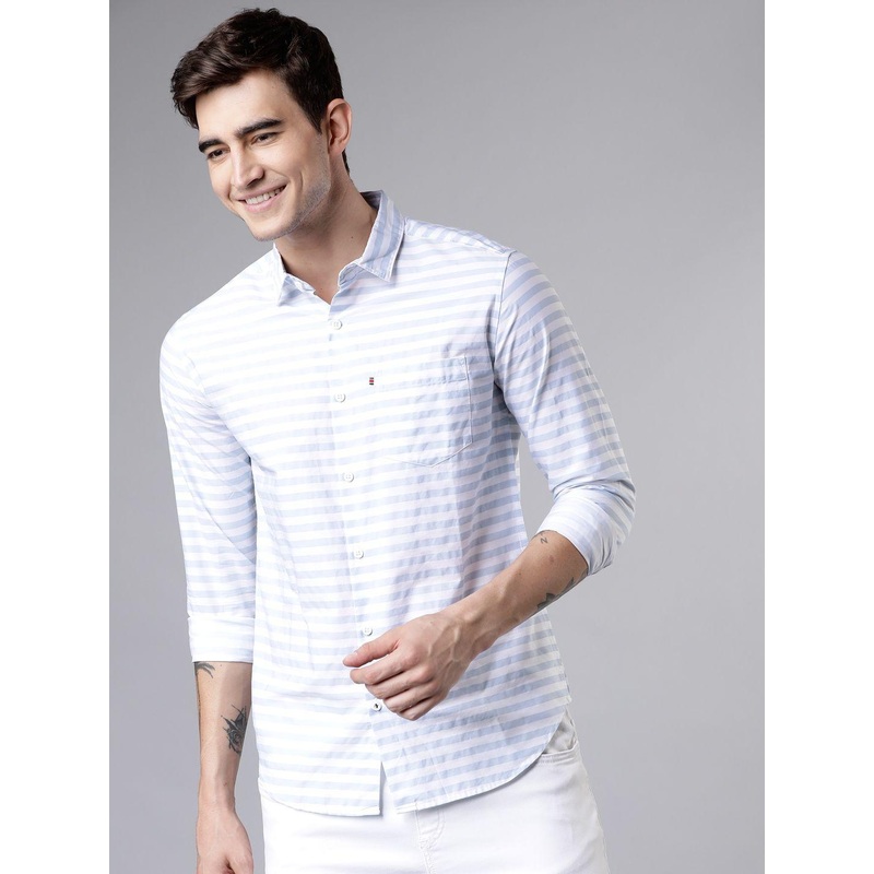 HIGHLANDER Slim Fit Horizontal Striped Cutaway Collar Cotton Casual Shirt