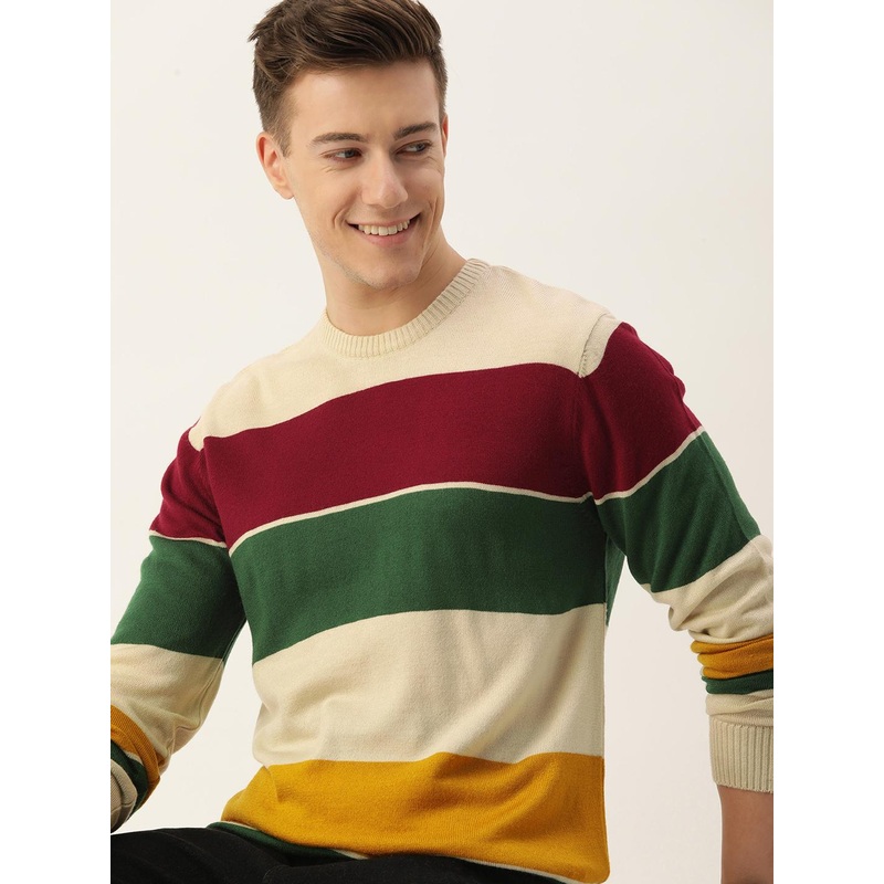 Mast & Harbour Acrylic Colourblocked Full Sleeves Round Neck Pullover Sweaters