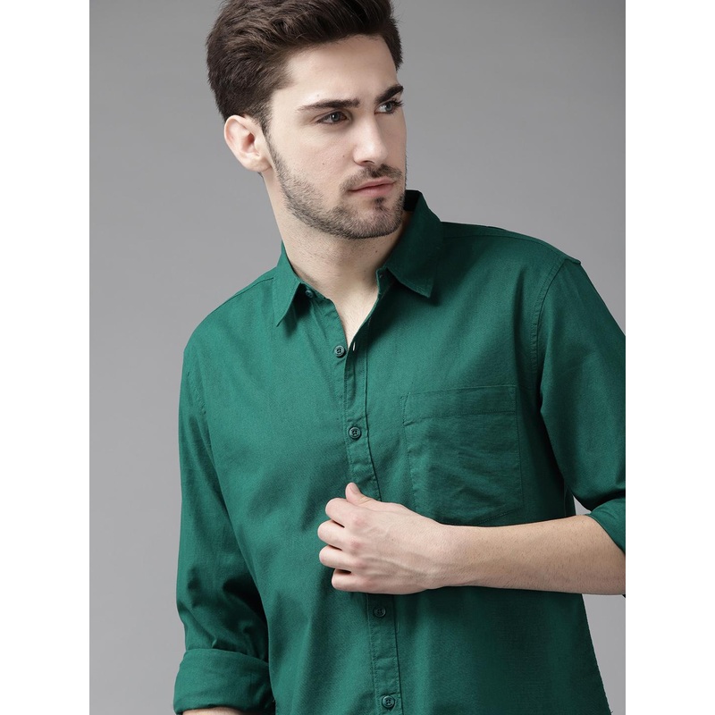 Roadster Men Green Pure Cotton Solid Casual Shirt