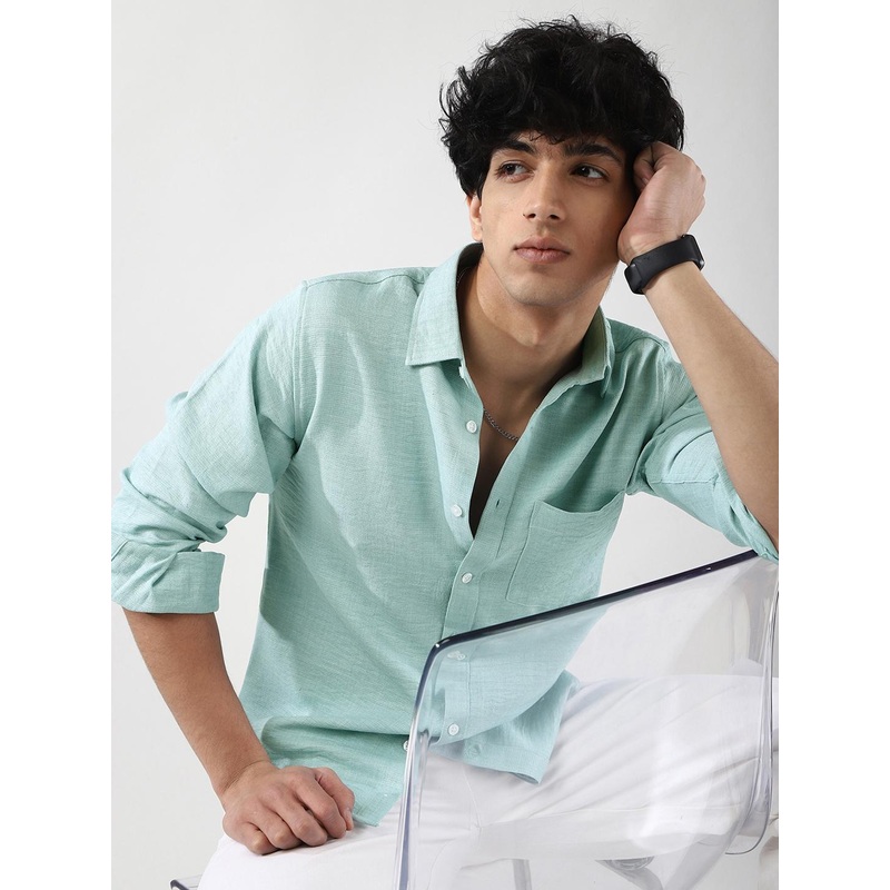 Urbano Fashion Men Light Blue Solid Linen Full Sleeve Relaxed Fit Casual Shirt