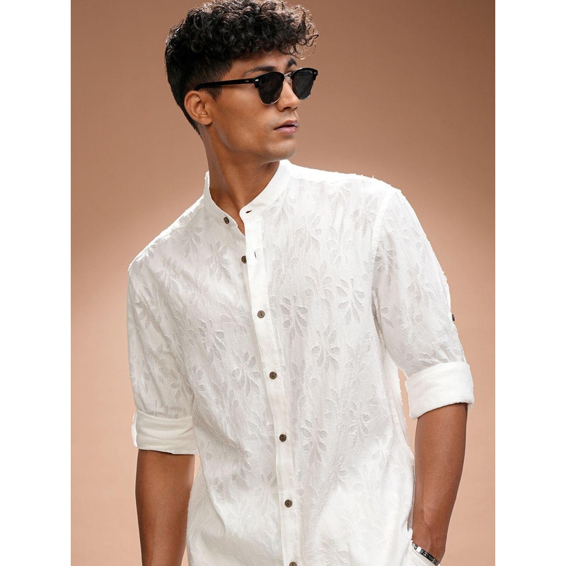 HIGHLANDER Men Comfort Relaxed Fit Band Collar Floral Printed Cotton Casual Shirt