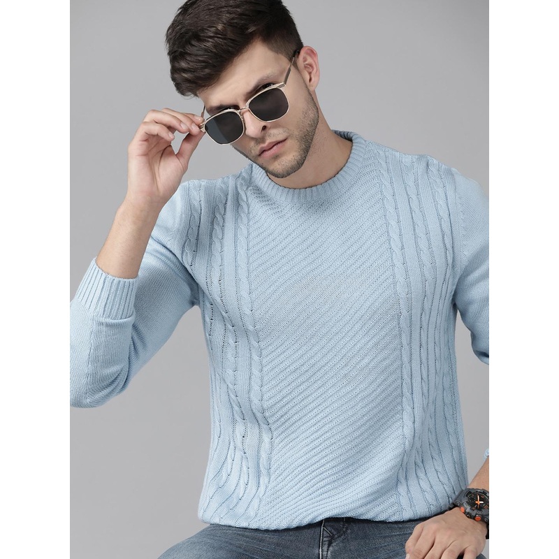 Roadster Men Blue Cable Knit Pullover