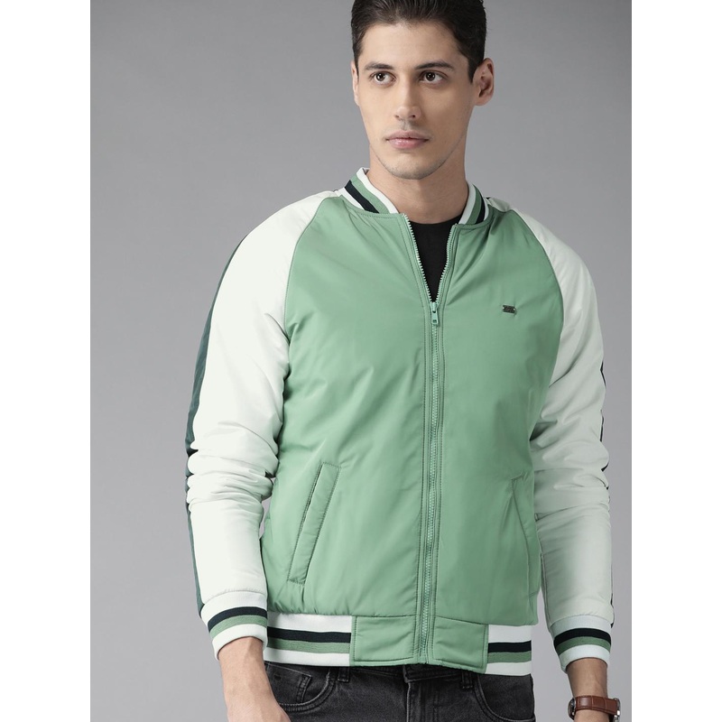 Roadster Men Green & White Solid Bomber Jacket