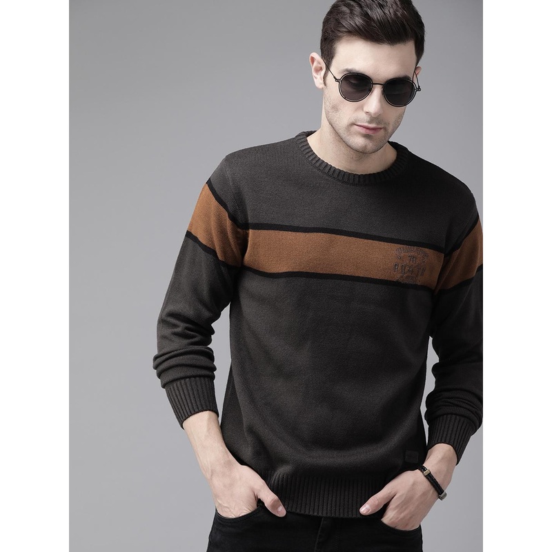 The Roadster Lifestyle Co Men Charcoal Grey & Brown Striped Pullover Sweater