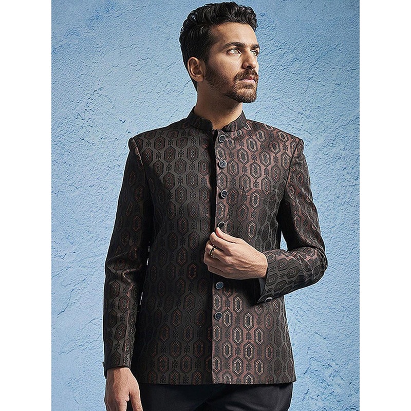 VASTRAMAY Self Design Mandarin Collar Slim Fit Bandhgala Blazers