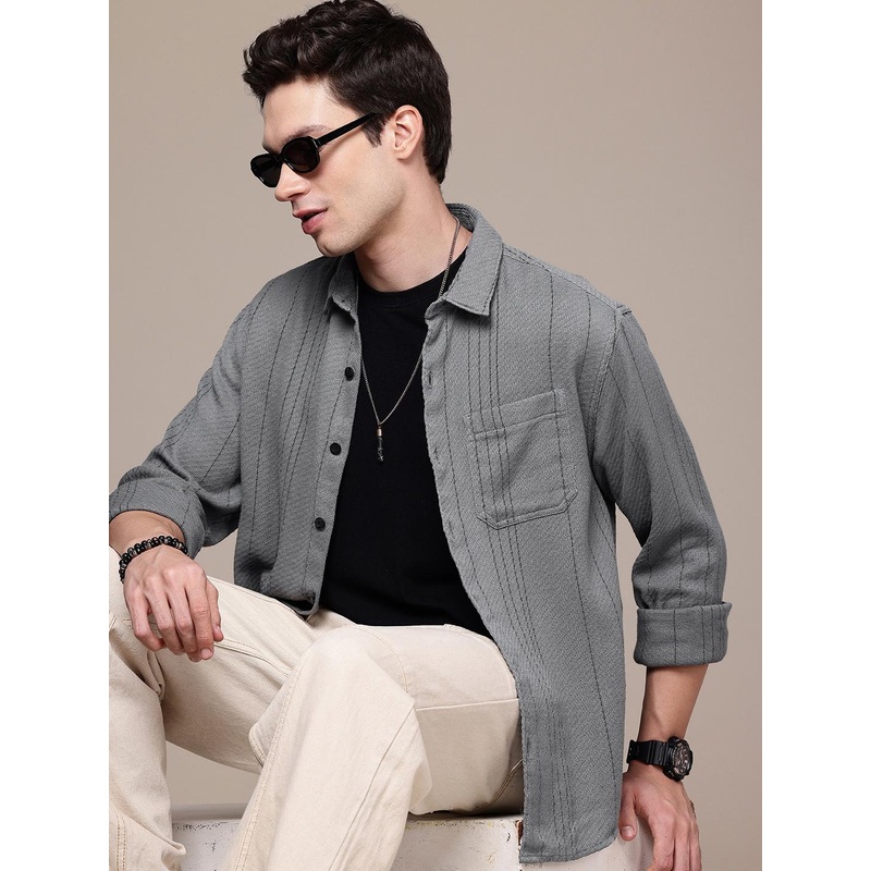 WROGN Comfort Fit Self Striped Casual Shirt