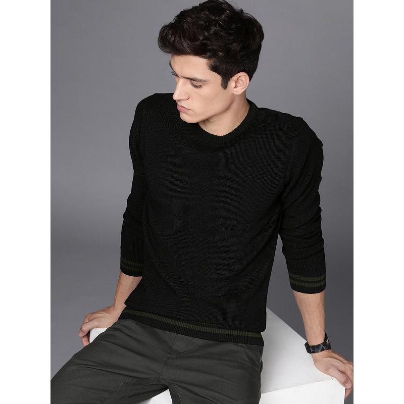 WROGN Men Black Self-Design Pullover Sweater