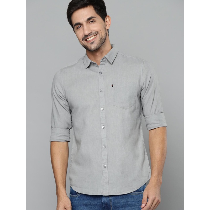 HIGHLANDER Men Grey Cotton Linen Solid Slim Fit Casual Shirt