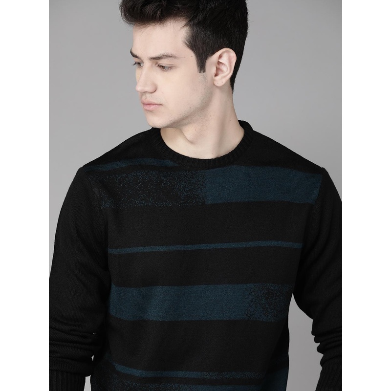 Roadster Men Black & Teal Blue Striped Pullover