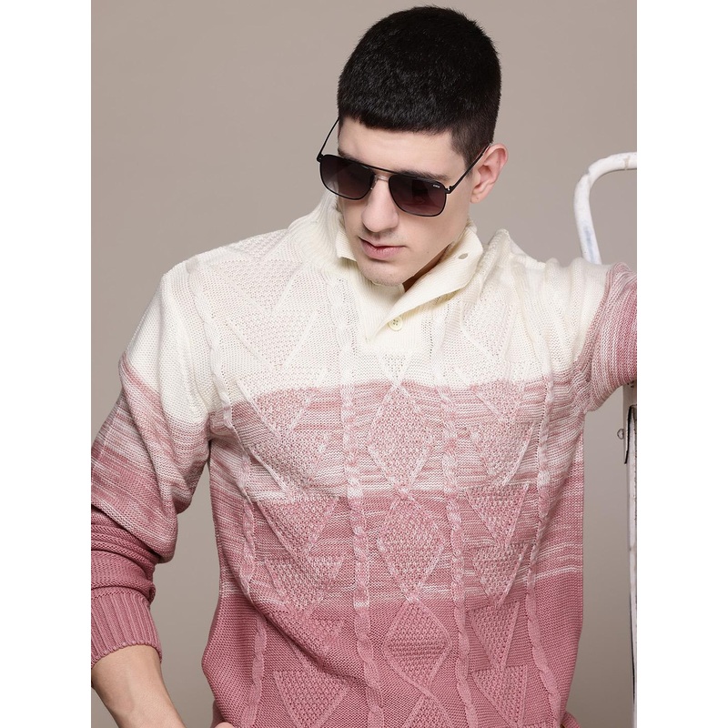 Roadster Men Cable Knit Colourblocked Pullover