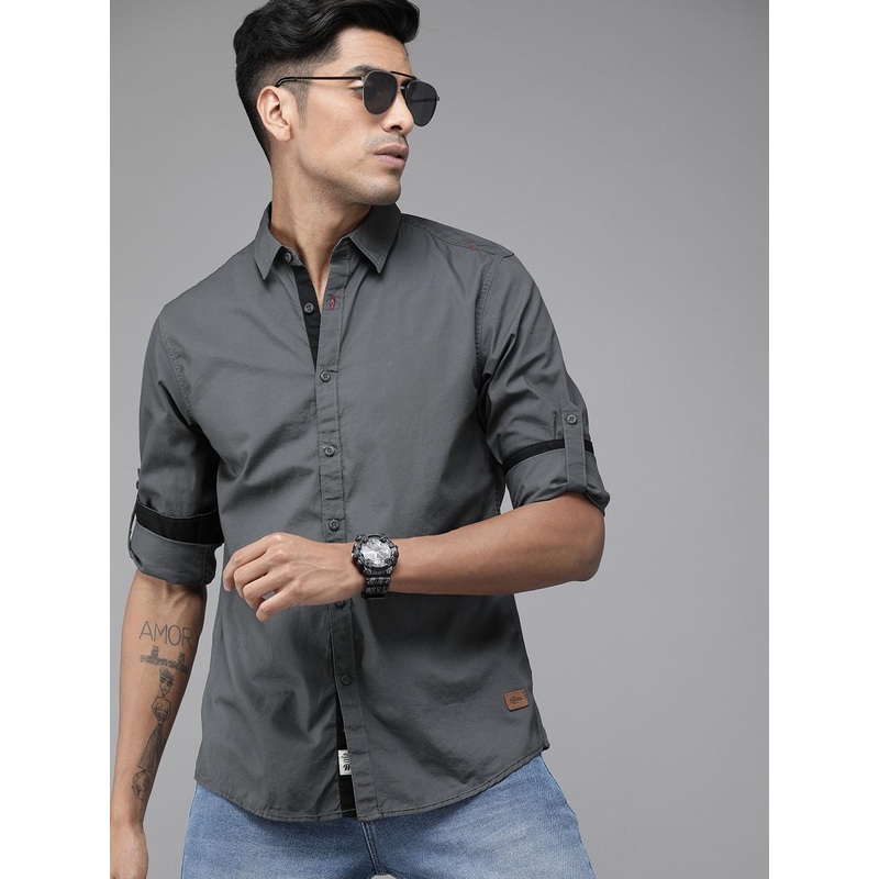 Roadster Men Charcoal Grey Regular Fit Solid Casual Shirt