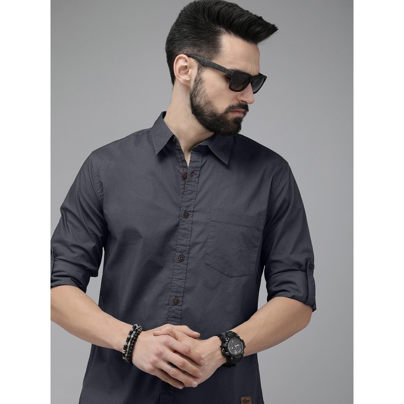 Roadster Men Charcoal Grey Slim Fit Solid Opaque Stretchable Casual Shirt