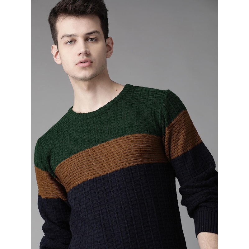 Roadster Men Green & Navy Blue Colourblocked Pullover Sweater