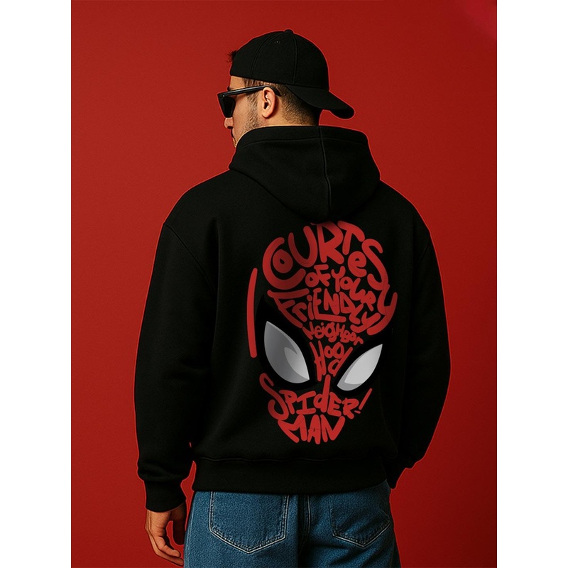 VEIRDO Marvel Men Graphic Printed Cotton Fleece Regular Fit Hooded Pullover Sweatshirt