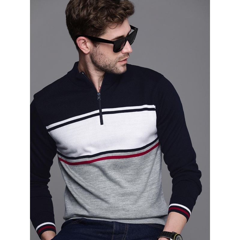 WROGN Men Navy Blue & Grey Colourblocked Mock-Collar Pullover Sweater