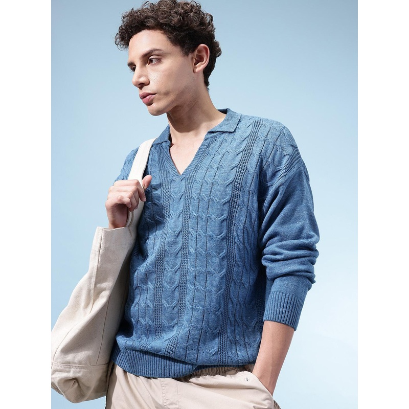 glitchez Cable Knit Shirt Collar Drop-Shoulder Sleeves Oversized Acrylic Pullover