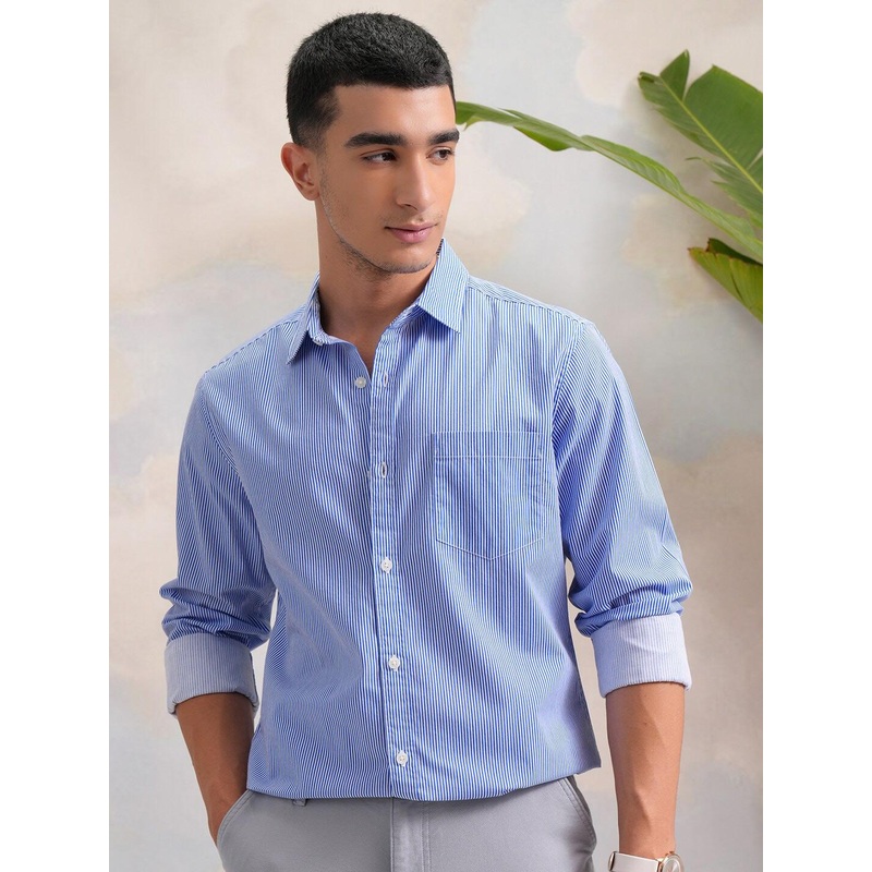 HIGHLANDER Classic Slim Fit Vertical Striped Spread Collar Cotton Casual Shirt