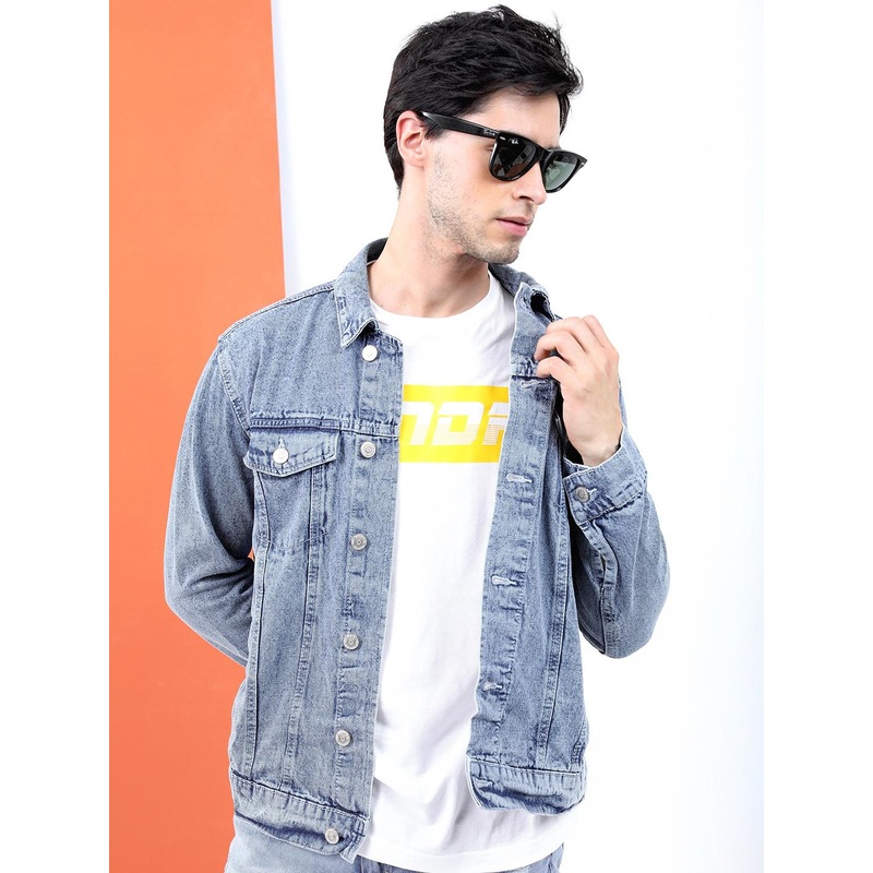 HIGHLANDER Men Blue Washed Crop Denim Jacket