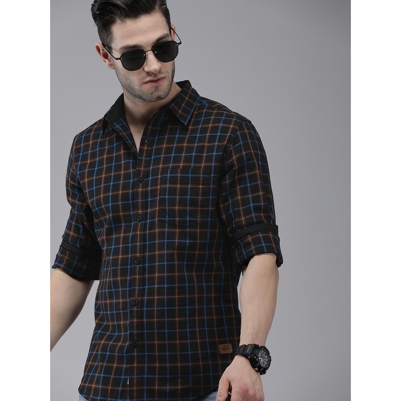 Roadster Men Black & Red Checked Pure Cotton Sustainable Casual Shirt