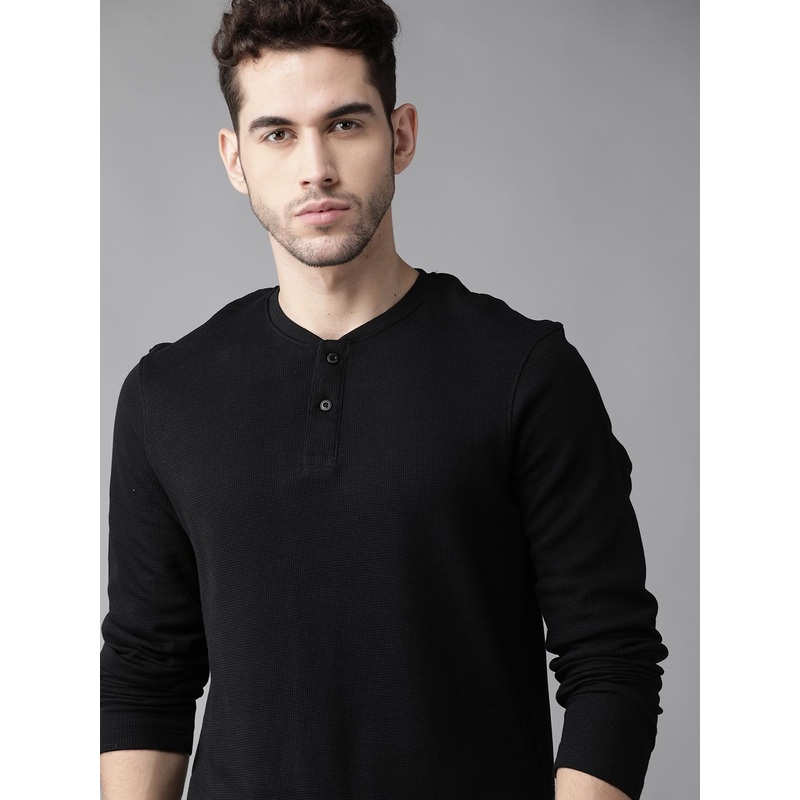 Roadster Men Black Self Design Henley Neck T-shirt