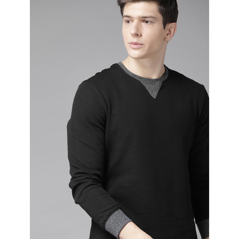 Roadster Men Black Self-Design Round Neck Pure Cotton T-shirt