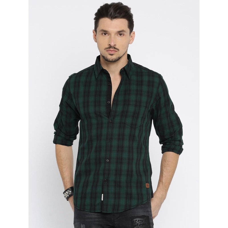 Roadster Men Green & Black Checked Casual Shirt